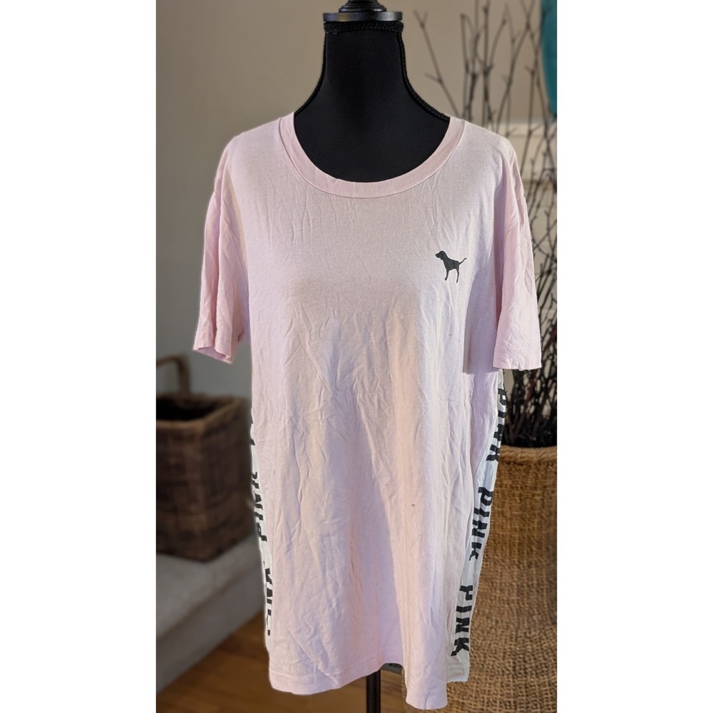 VS VICTORIAS SECRET PINK CAMPUS SHORT SLEEVE TEE TOP BLUSH WITH SIDE LOGO Large